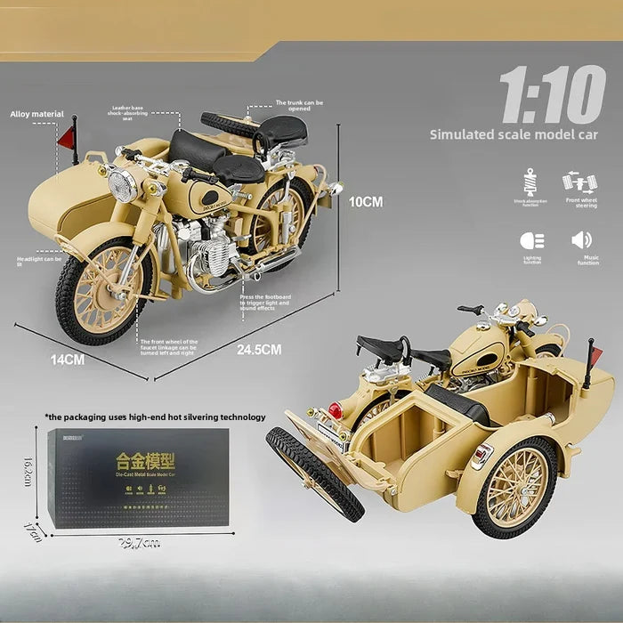 1:10 Three-wheeled Motorcycle Model Simulation Alloy Sound and Light Sliding Toy Car Retro Ornament
