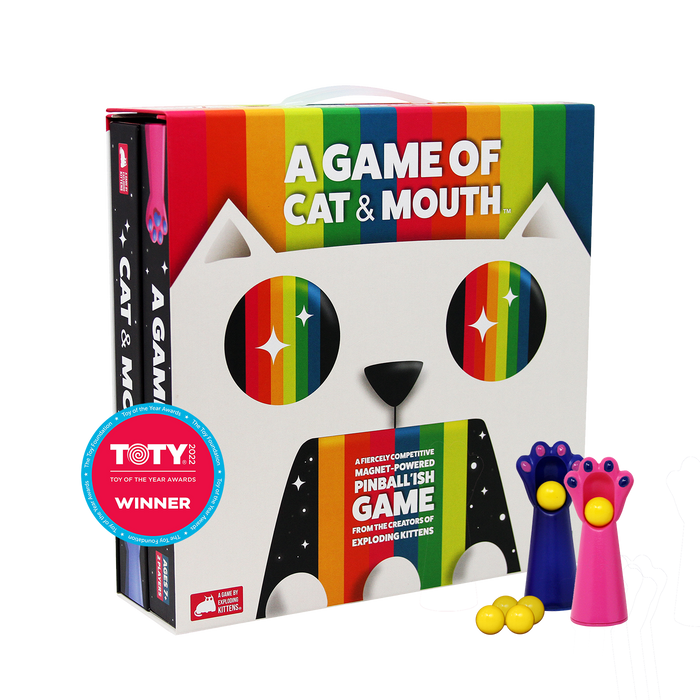 A Game of Cat & Mouth box with cat-face design, paw controllers and a Toy of the Year badge