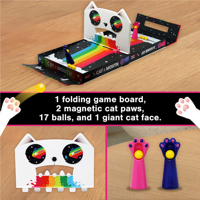 Cat & Mouth components: folding board, two magnetic cat paws, balls and a cat-face goal