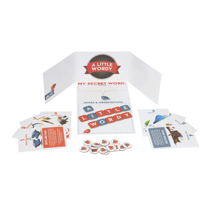A Little Wordy components: letter tiles, clue cards and instructions
