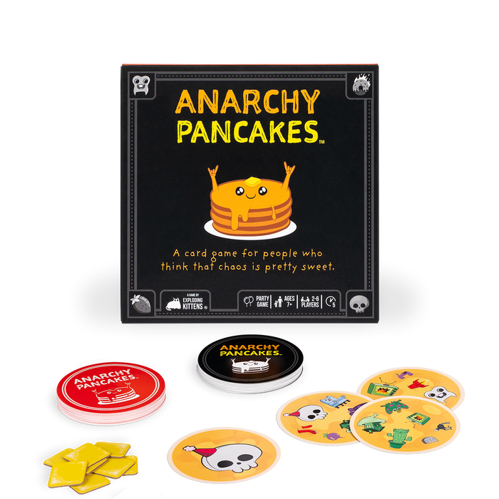 Anarchy Pancakes box front with a smiling pancake stack and game tokens