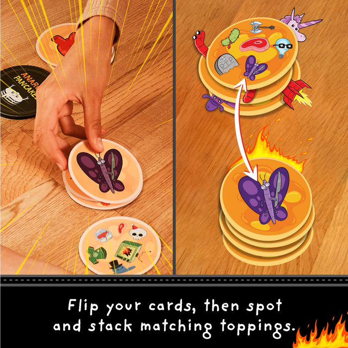 Hands flipping and stacking Anarchy Pancakes token cards