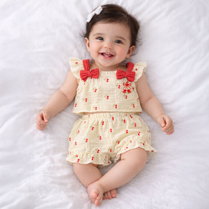 Baby Girl Co ord Set Light Yellow Cherry Print Top with Ruffle Shorts Infant Clothing Set