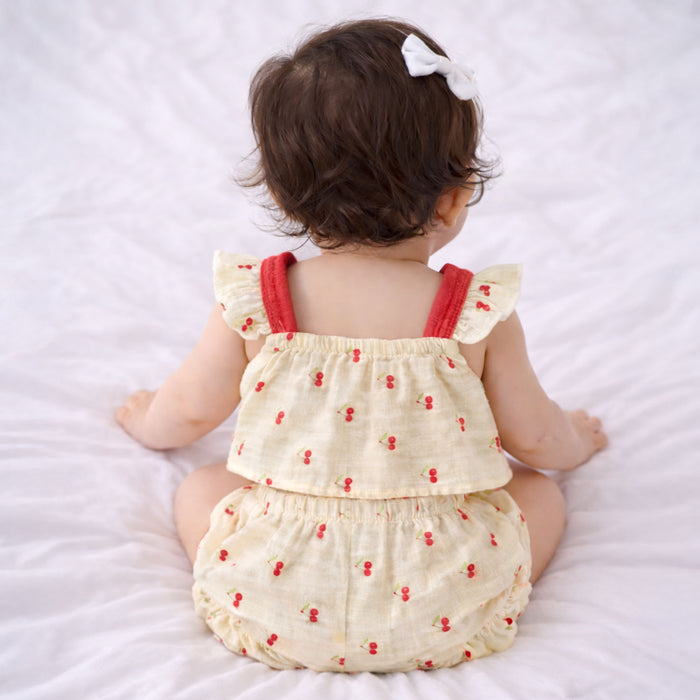 Baby Girl Co ord Set Light Yellow Cherry Print Top with Ruffle Shorts Infant Clothing Set