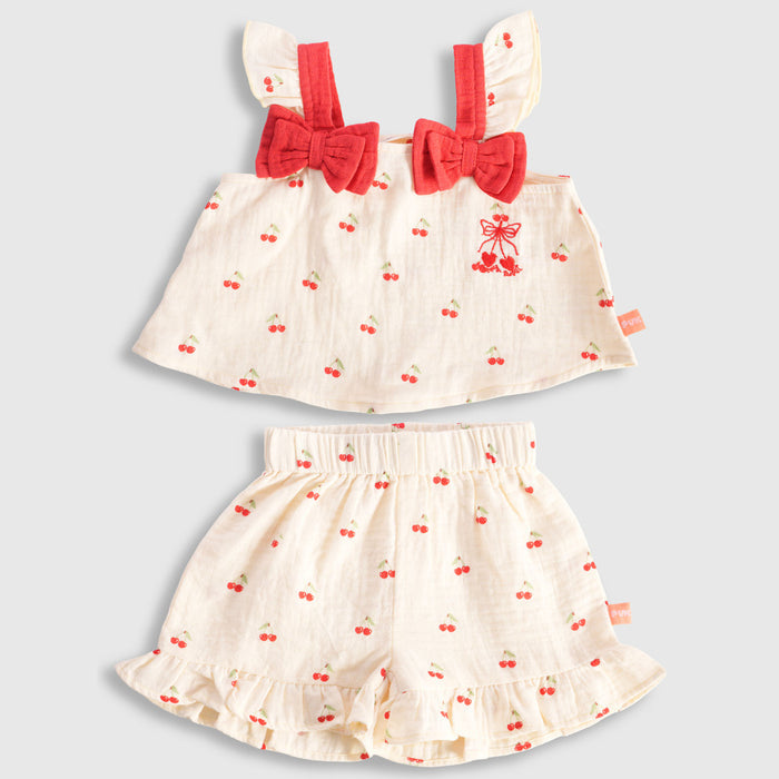 Baby Girl Co ord Set Light Yellow Cherry Print Top with Ruffle Shorts Infant Clothing Set