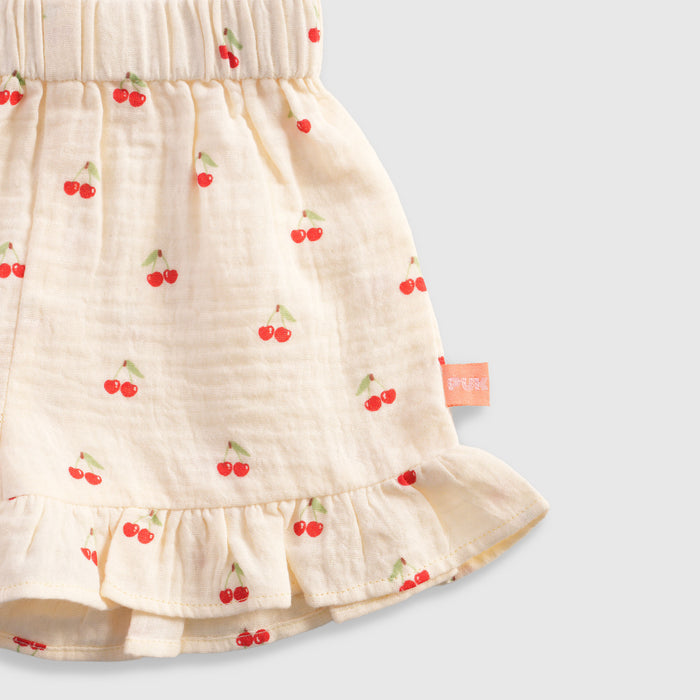 Baby Girl Co ord Set Light Yellow Cherry Print Top with Ruffle Shorts Infant Clothing Set