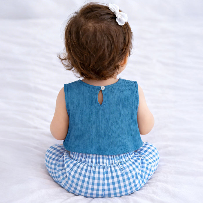 Baby Girl Co ord Set Textured Top with Gingham Pants Light Blue Infant Clothing Set