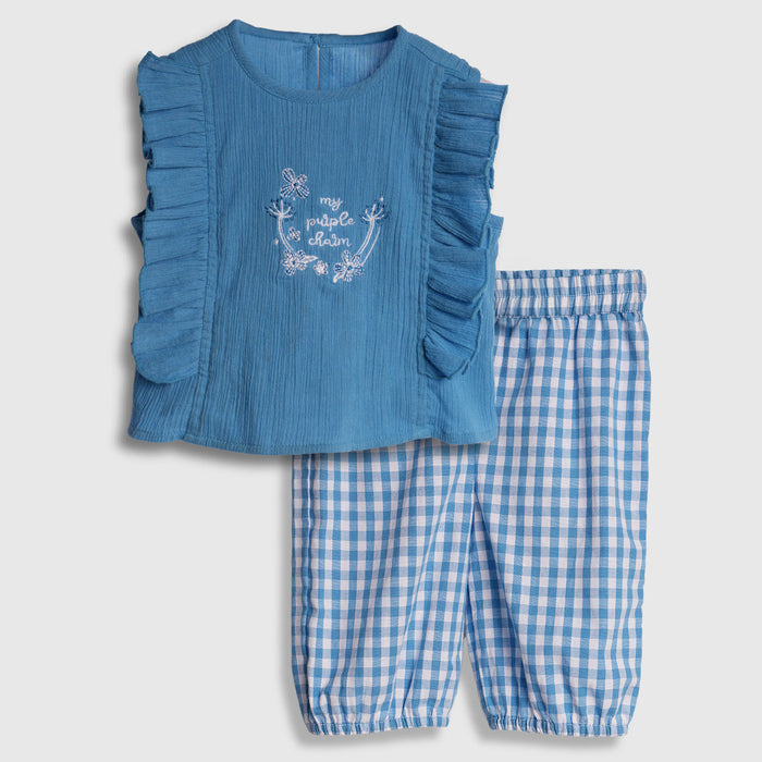 Baby Girl Co ord Set Textured Top with Gingham Pants Light Blue Infant Clothing Set