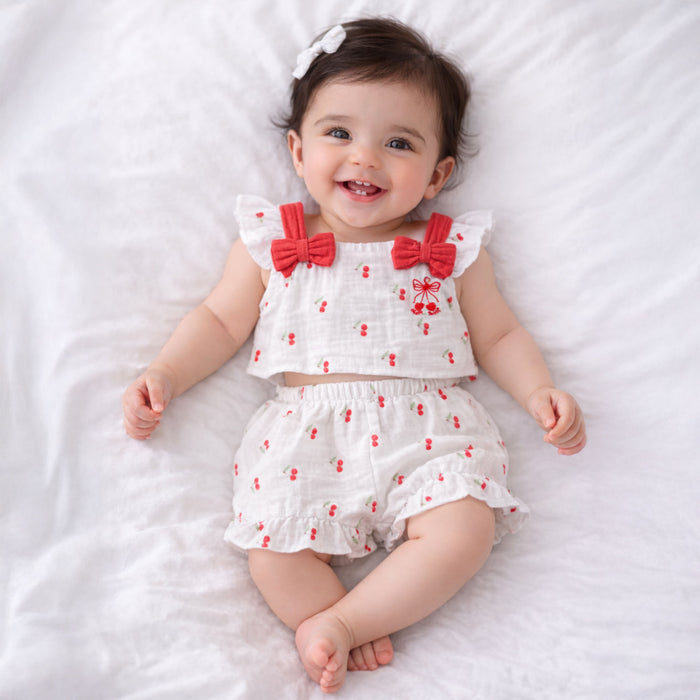 Baby Girl Co ord Set White Cherry Print Top with Ruffle Shorts Infant Clothing Set