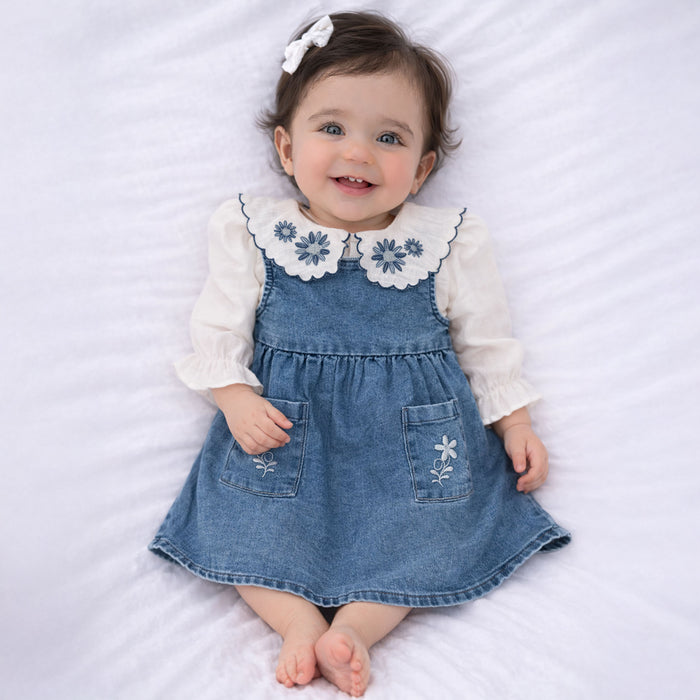 Baby Girl Dungaree Denim Dress with Embroidered Collar Cotton Top for Infant Girls