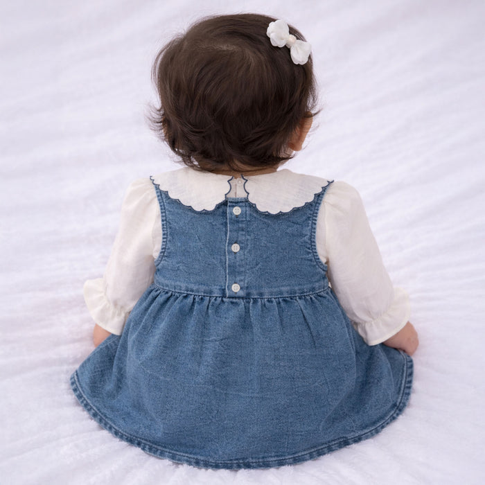 Baby Girl Dungaree Denim Dress with Embroidered Collar Cotton Top for Infant Girls