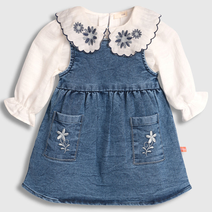 Baby Girl Dungaree Denim Dress with Embroidered Collar Cotton Top for Infant Girls