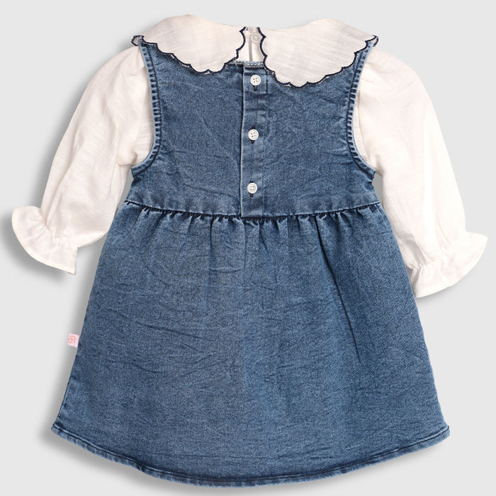 Baby Girl Dungaree Denim Dress with Embroidered Collar Cotton Top for Infant Girls