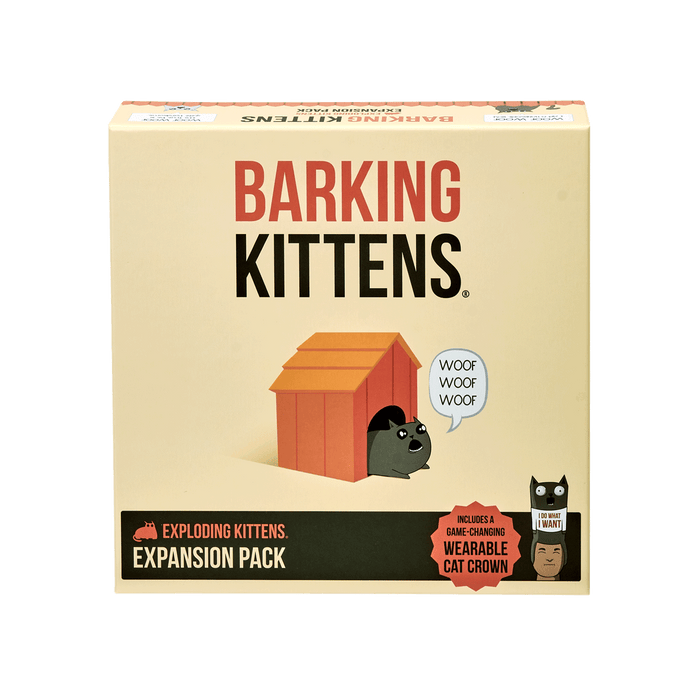 Barking Kittens expansion box front, orange box with a doghouse and barking cat
