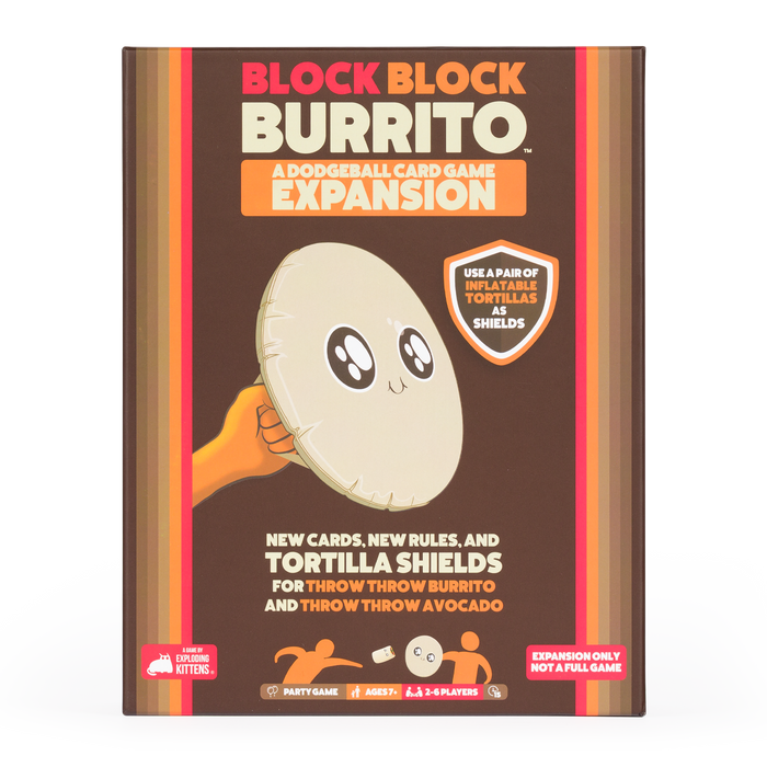 Block Block Burrito expansion box front, brown box with tortilla characters