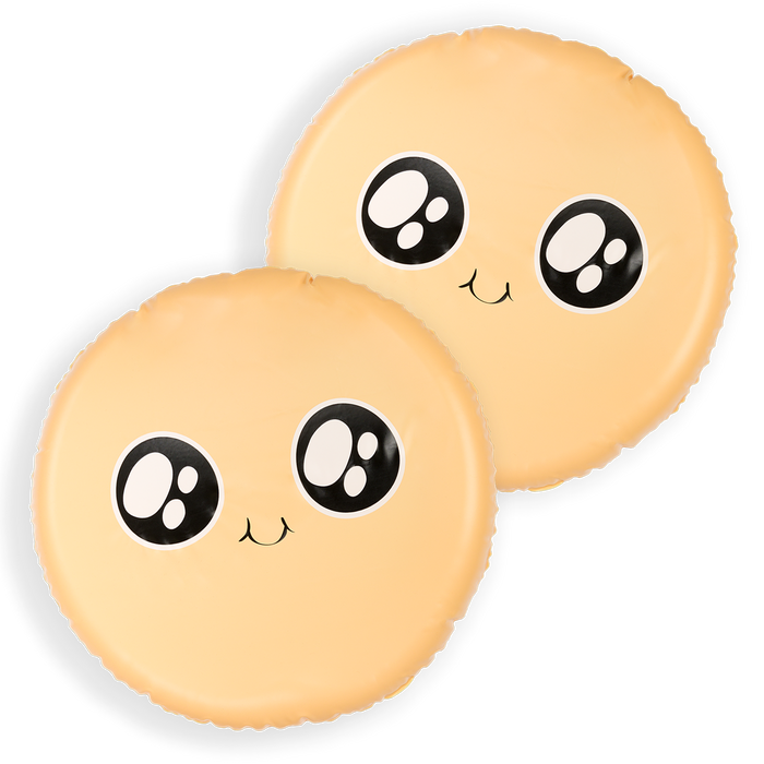 Two inflatable tortilla shields with cartoon faces