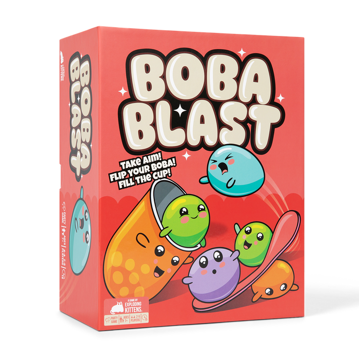 Boba Blast game box at an angle, an orange box with cartoon boba tea characters