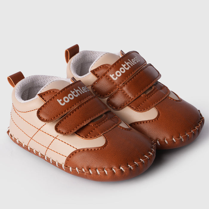 Boy Infant Brown Beige Booties with Dual Velcro for Tiny Steps & Crawling