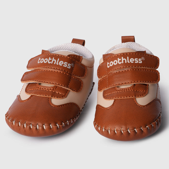 Boy Infant Brown Beige Booties with Dual Velcro for Tiny Steps & Crawling