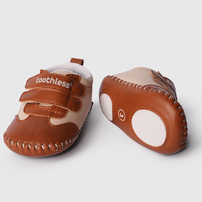 Boy Infant Brown Beige Booties with Dual Velcro for Tiny Steps & Crawling