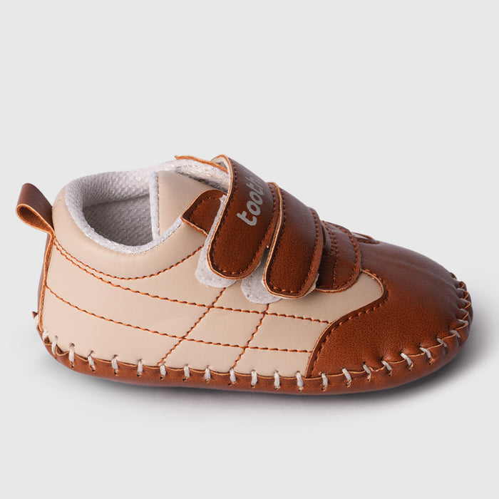 Boy Infant Brown Beige Booties with Dual Velcro for Tiny Steps & Crawling