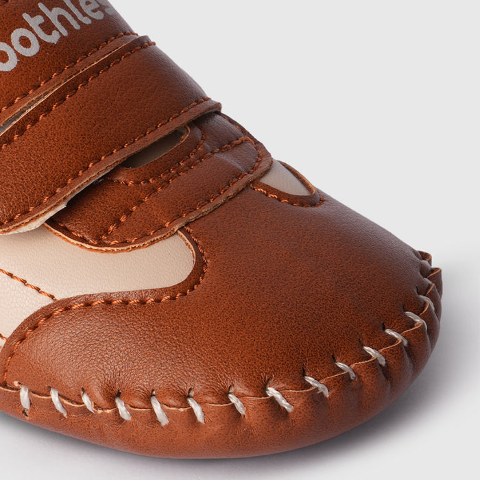 Boy Infant Brown Beige Booties with Dual Velcro for Tiny Steps & Crawling