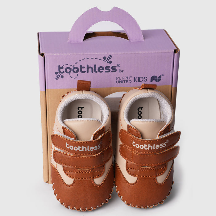 Boy Infant Brown Beige Booties with Dual Velcro for Tiny Steps & Crawling