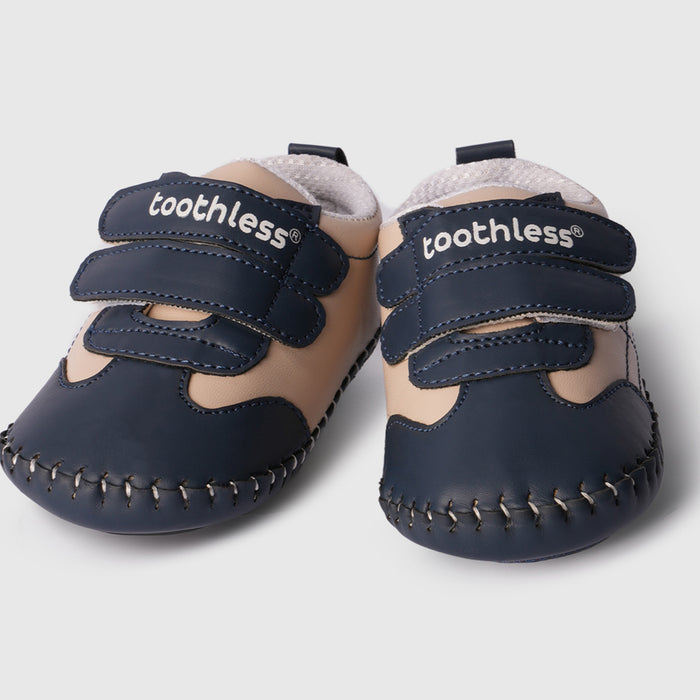 Boy Infant Navy Beige Soft Sole Booties with Dual Velcro Straps
