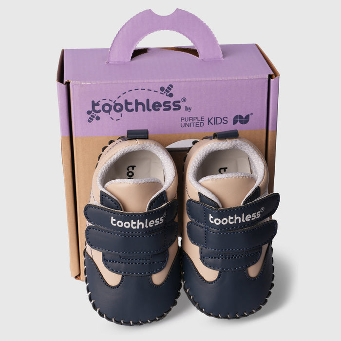 Boy Infant Navy Beige Soft Sole Booties with Dual Velcro Straps