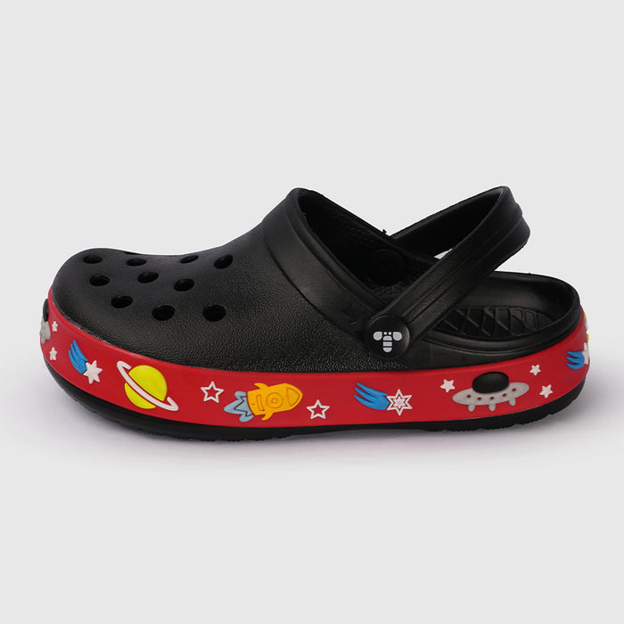 Boys Black Clogs with Space Themed Sole Detail