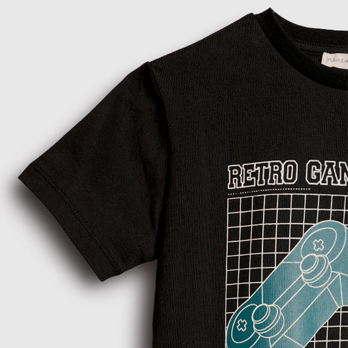 Boys Black Retro Gamer Graphic T-Shirt with Retro Console Artwork