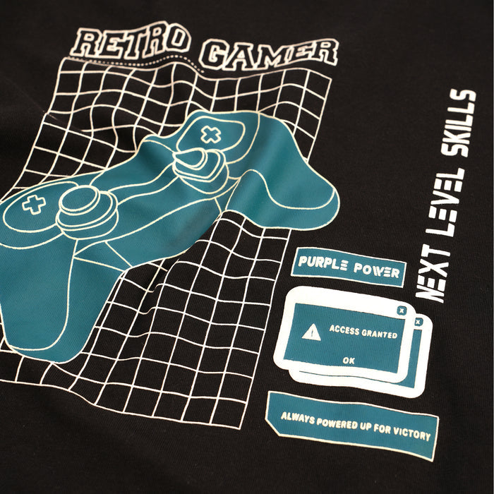 Boys Black Retro Gamer Graphic T-Shirt with Retro Console Artwork