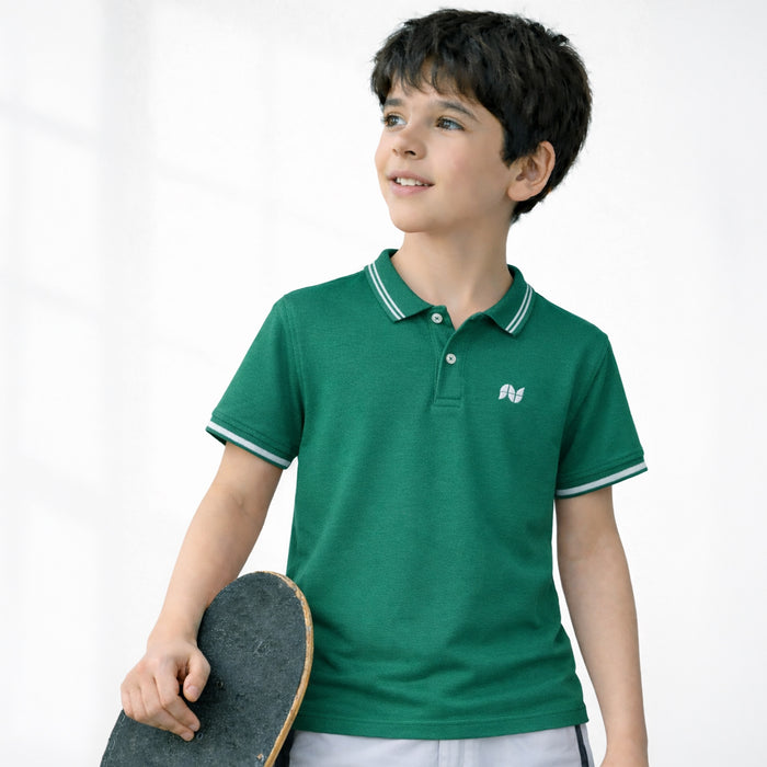 Boys Dark Green Polo T-Shirt with Contrast Tipped Collar & Signature Chest Logo
