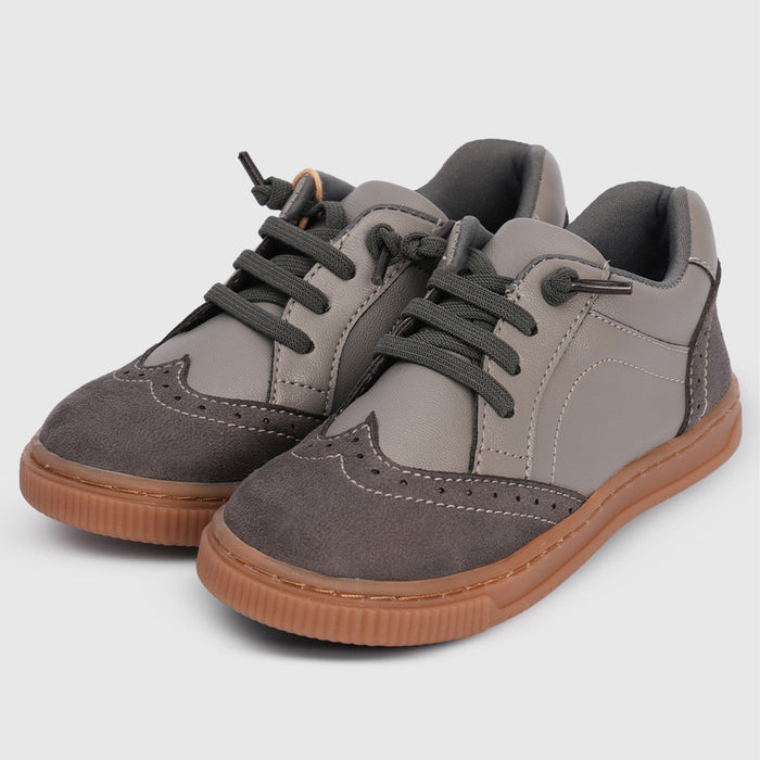 Boys Grey Casual Shoes with Lace Closure & Multi Texture Upper Design