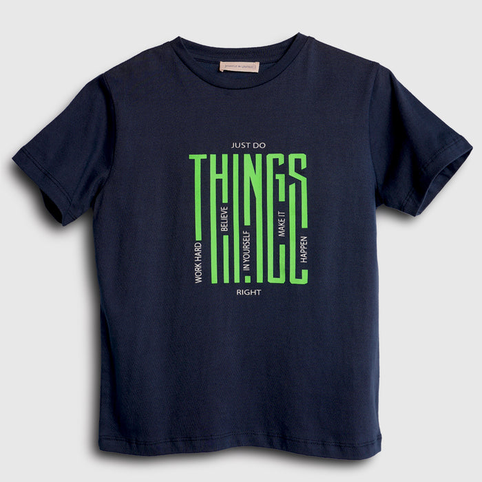 Boys Navy Blue Statement Text T-Shirt with Bold Typography Design