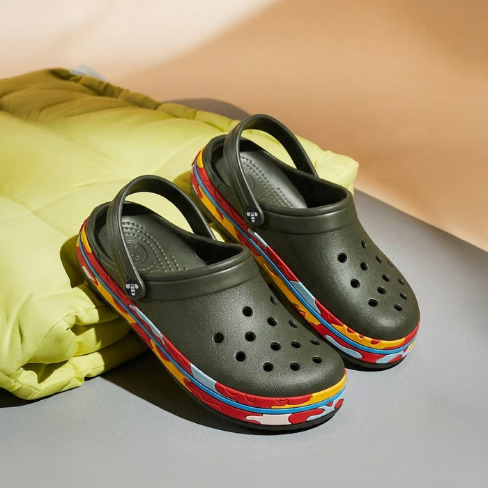 Boys Olive Clogs with Multicolour Sole Accent