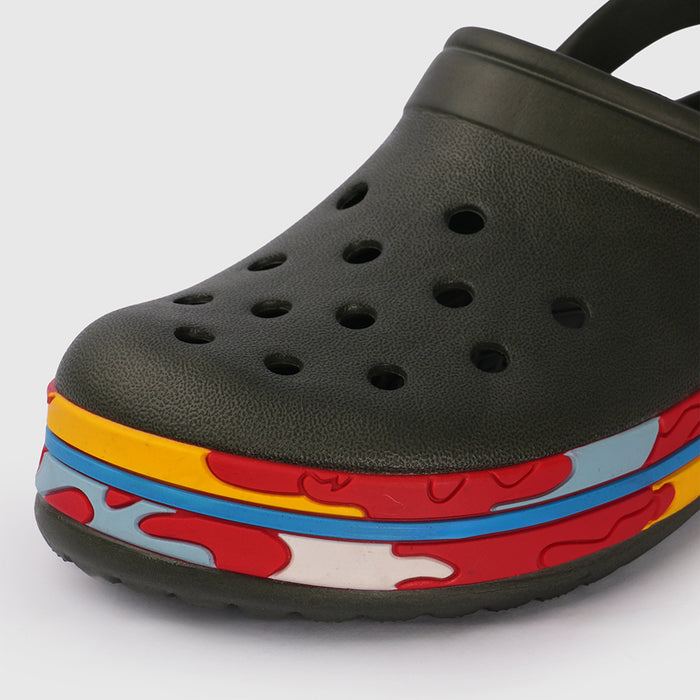 Boys Olive Clogs with Multicolour Sole Accent