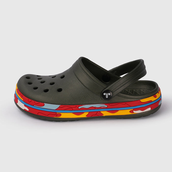 Boys Olive Clogs with Multicolour Sole Accent