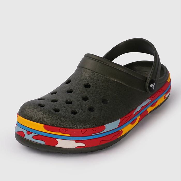 Boys Olive Clogs with Multicolour Sole Accent