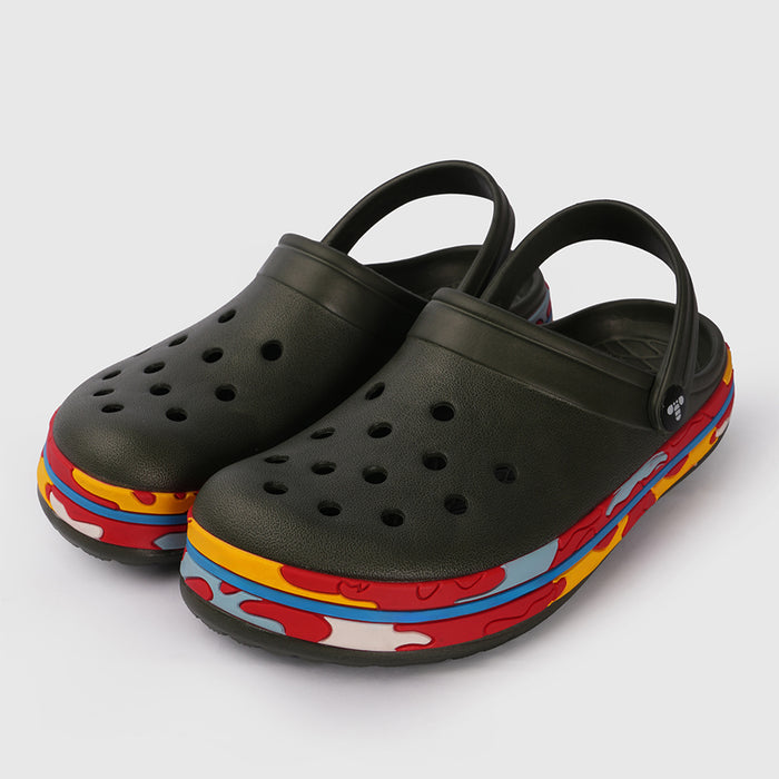Boys Olive Clogs with Multicolour Sole Accent