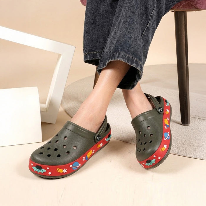 Boys Olive EVA Clogs with Space Print Sole