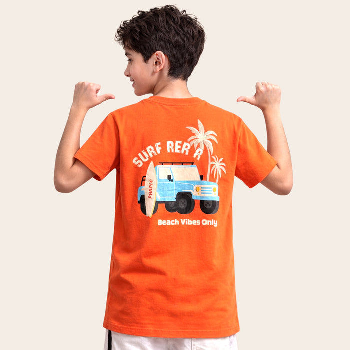 Boys Orange Surf Rider Graphic T-Shirt with Beach Inspired Artwork