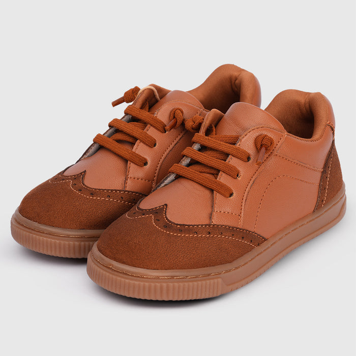 Boys Tan Casual Shoes with Lace Closure & Multi Texture Upper Design