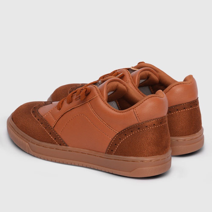 Boys Tan Casual Shoes with Lace Closure & Multi Texture Upper Design