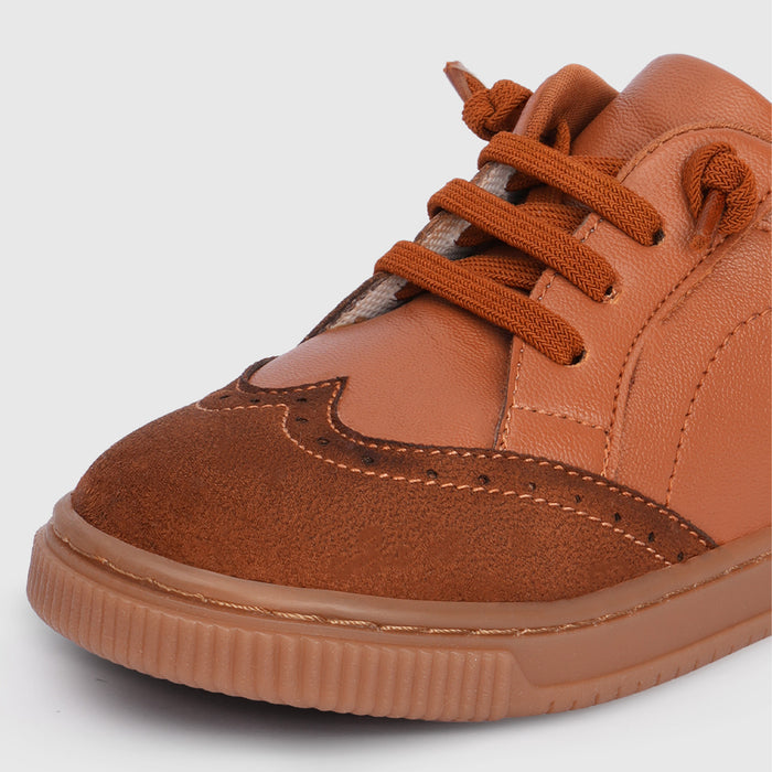 Boys Tan Casual Shoes with Lace Closure & Multi Texture Upper Design
