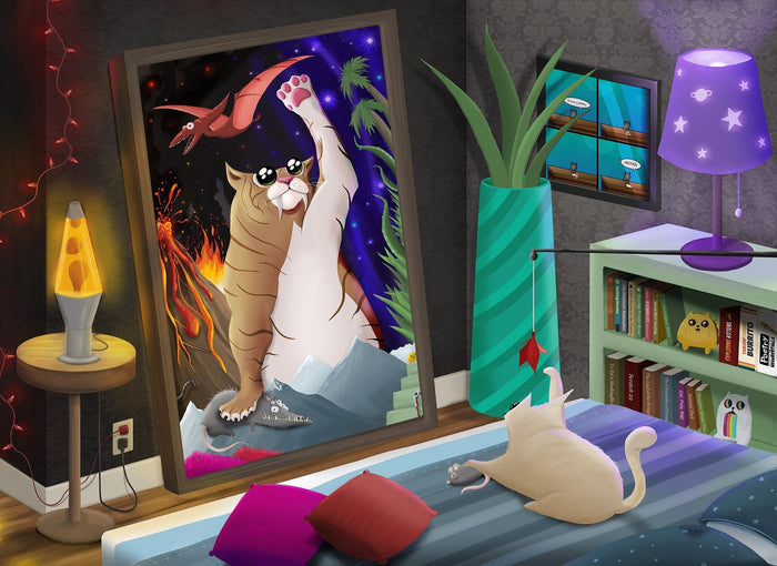 Cat in the Mirror puzzle artwork: a cat gazing into a mirror in a cozy room