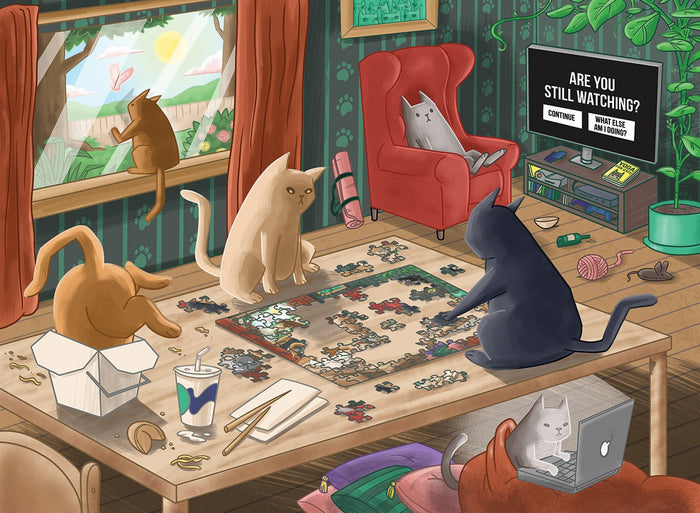 Cats in Quarantine puzzle artwork: cats doing a jigsaw in a cozy living room