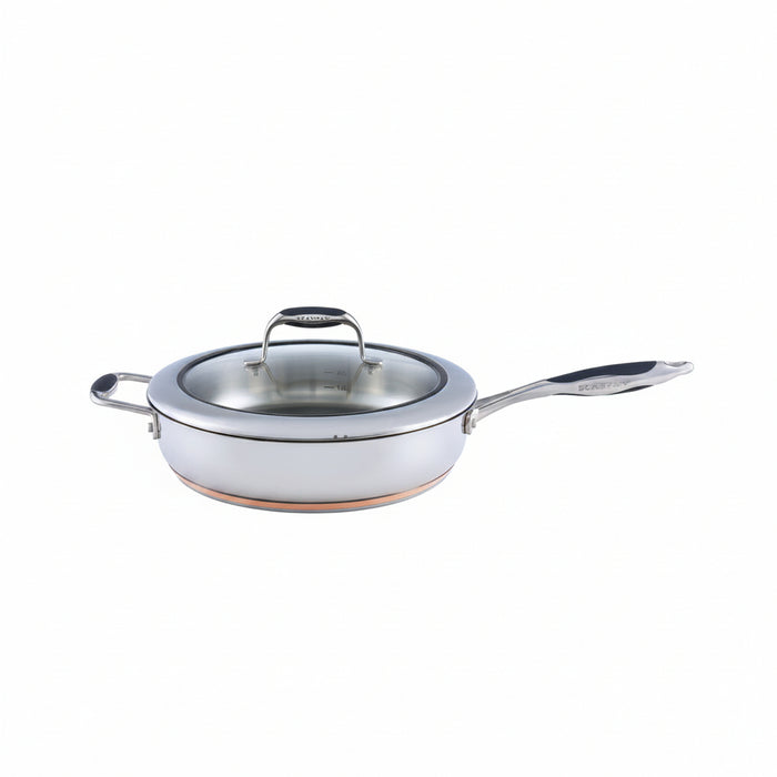 Stainless steel frying pan with lid on a white background