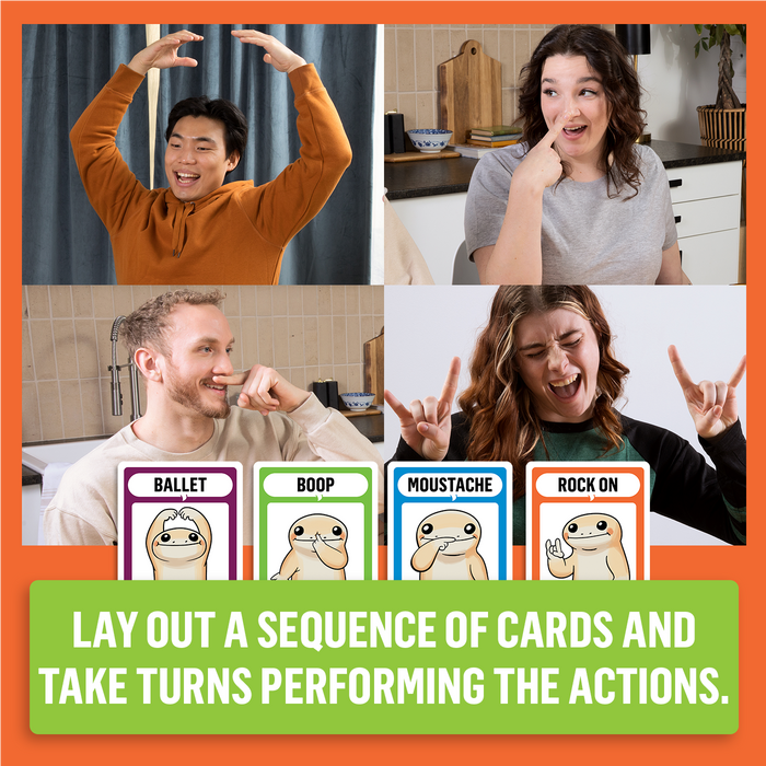 A collage of people acting out cards while playing Coyote
