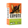 Coyote card game box at an angle, orange box with a coyote in a hat